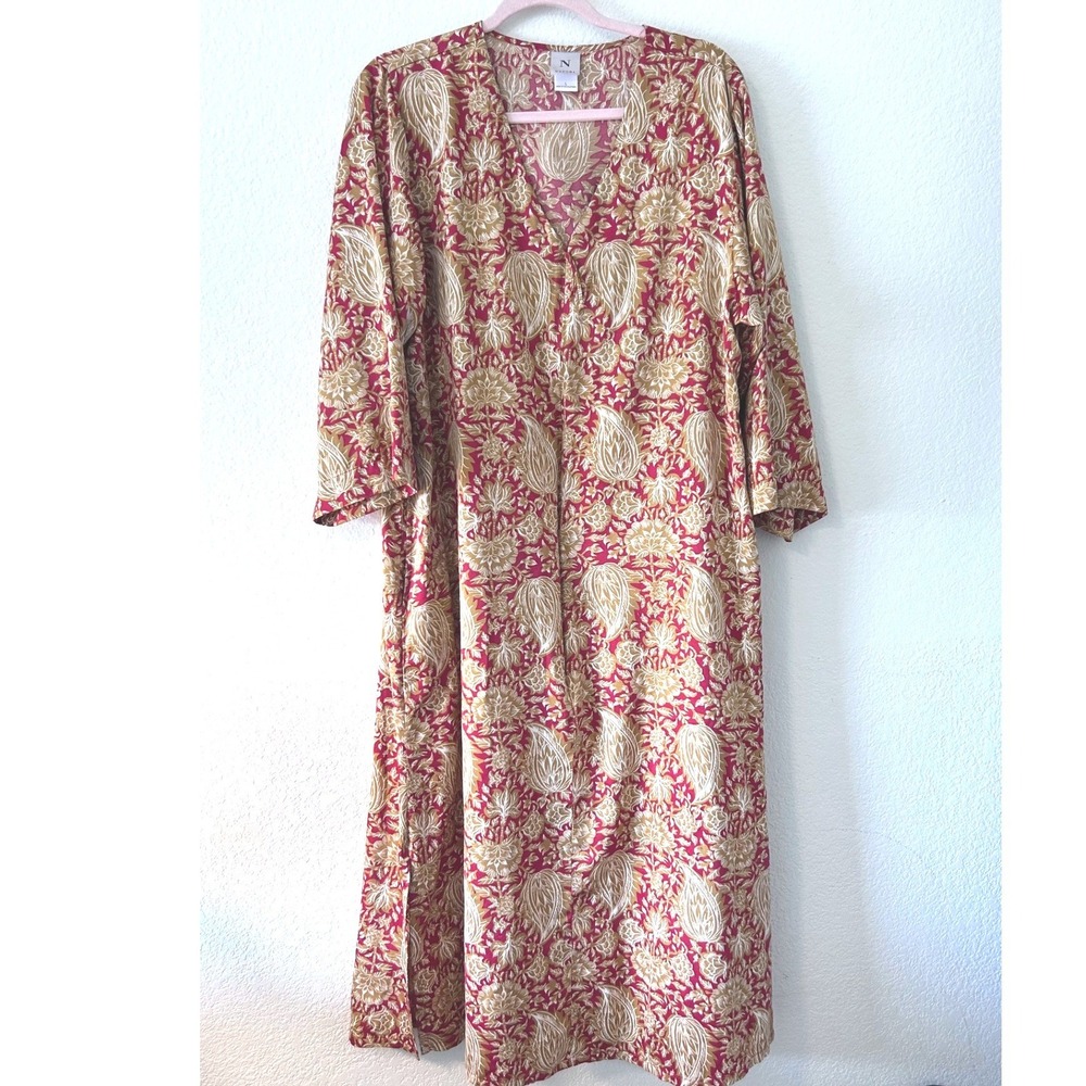 Natori Red Gold Paisley Floral Caftan Robe V-Neck Long Loungewear Women Size L